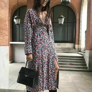 Zara Floral Midi Dress – Belted, Vintage-Inspired, Long Sleeve – Size Small